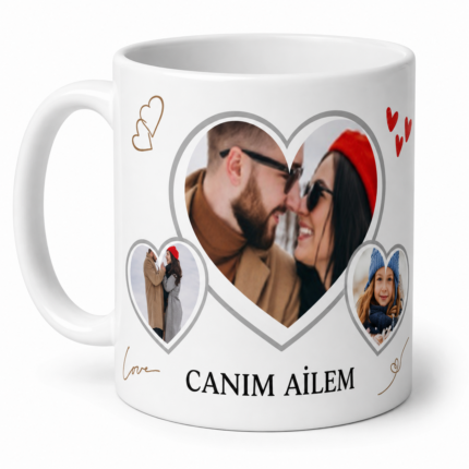 Canım Ailem Kalp Çerçeveli Fotoğraflı Kupa
